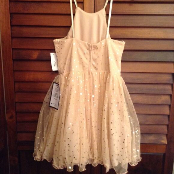 City Studio Fit And Flare Mini Dress Sheer Spaghetti Strap Gold Stars Size 11 - Picture 4 of 13